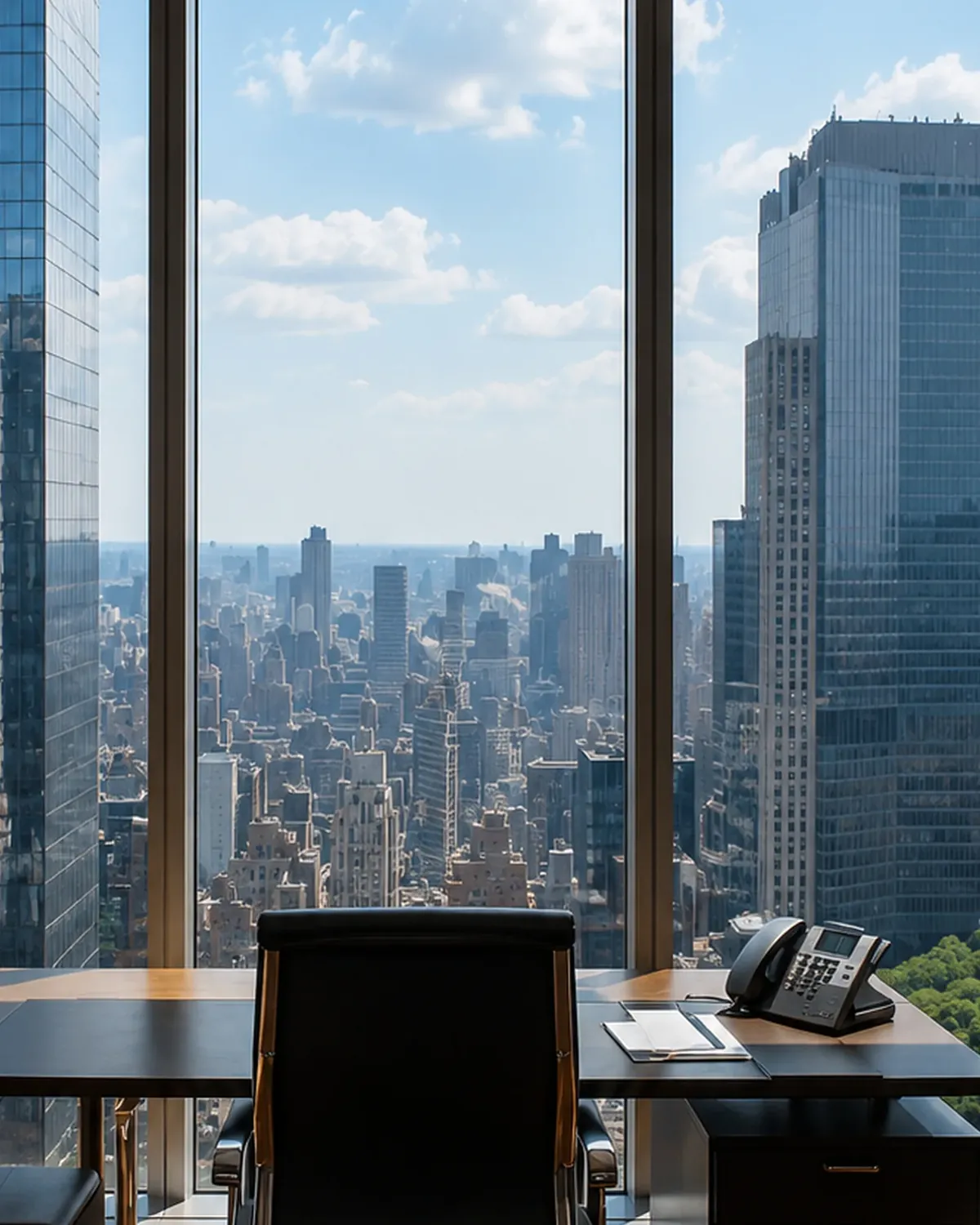 Escritório em andar alto com a cidade de Nova York pela janela.